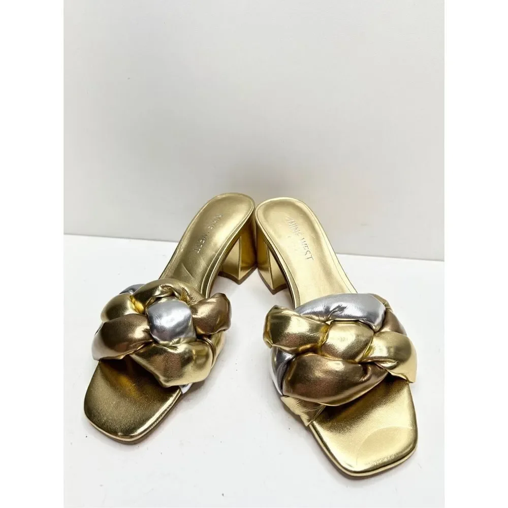Nine West Sandals Womens Size 5 Got it Woven Square Toe‎ Slip On Block Heel